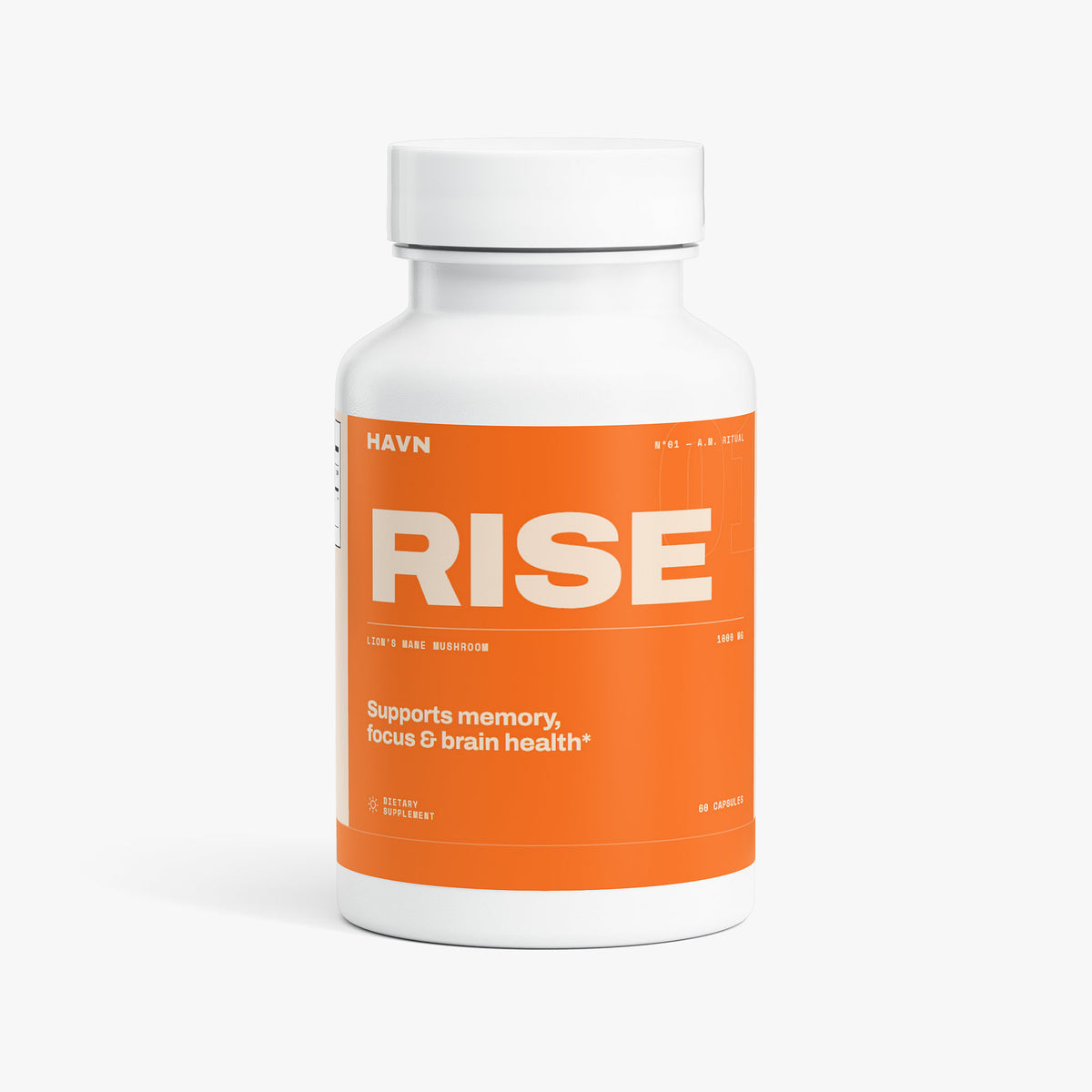 HAVN Rise supplement bottle, front view, orange label reading RISE — Lion's Mane Mushroom, supports memory, focus and brain health