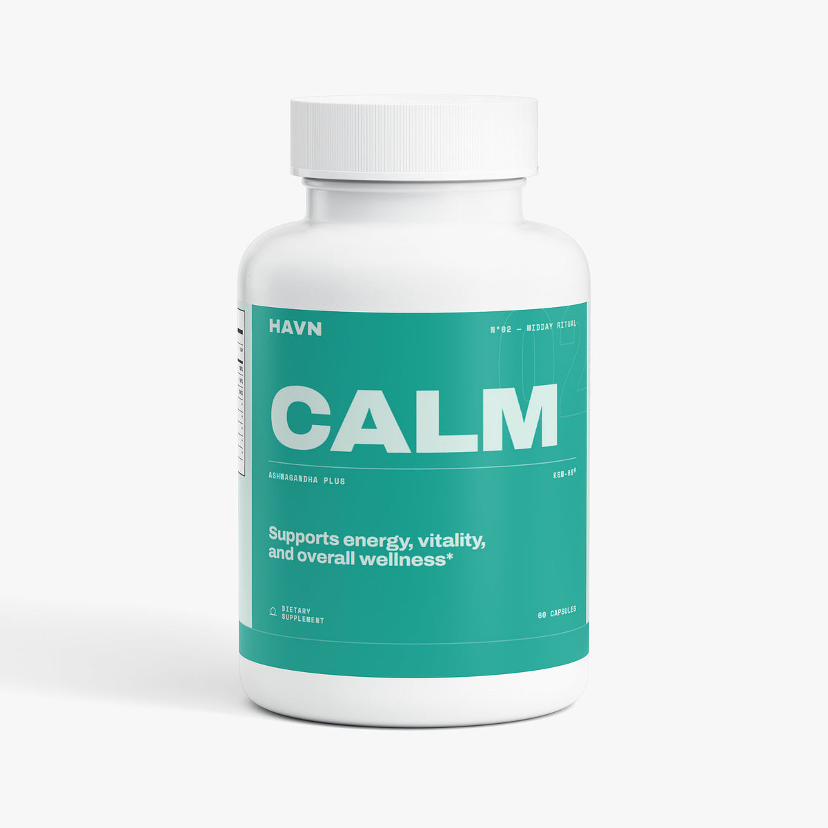 HAVN Calm supplement bottle, front view, teal label reading CALM — Ashwagandha Plus, supports energy, vitality and overall wellness