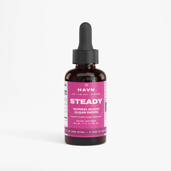 HAVN Steady, 2 fl oz amber glass dropper bottle, front view with berry-pink label, supports healthy energy metabolism