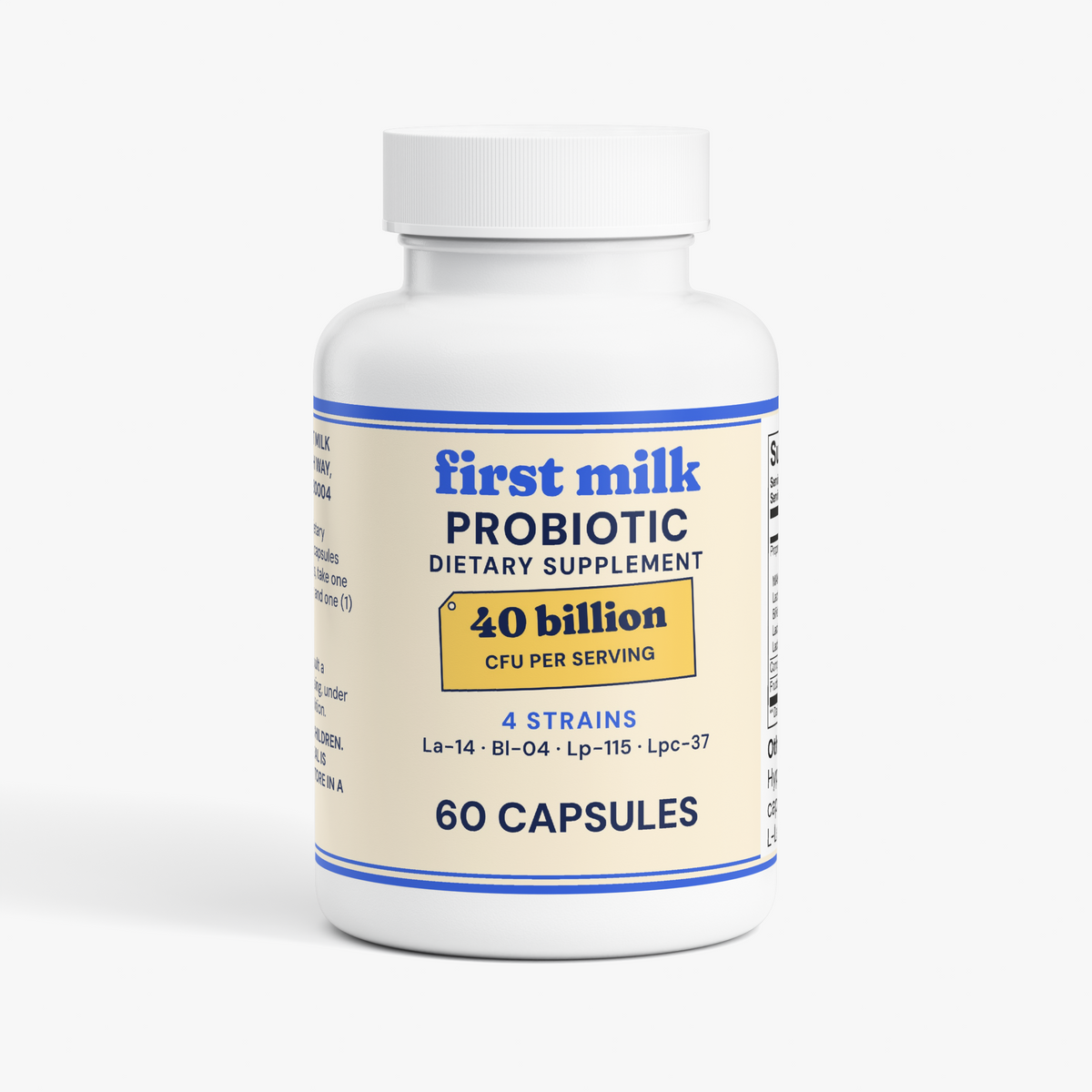 First Milk Probiotic bottle, front label: probiotic with prebiotics dietary supplement, 60 capsules